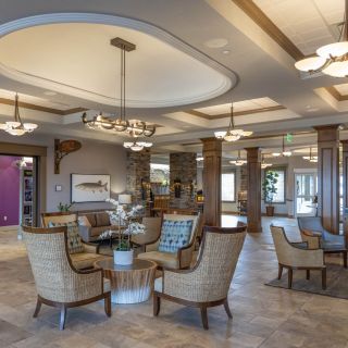 The stunning lobby of the Chautauqua Harbor Hotel