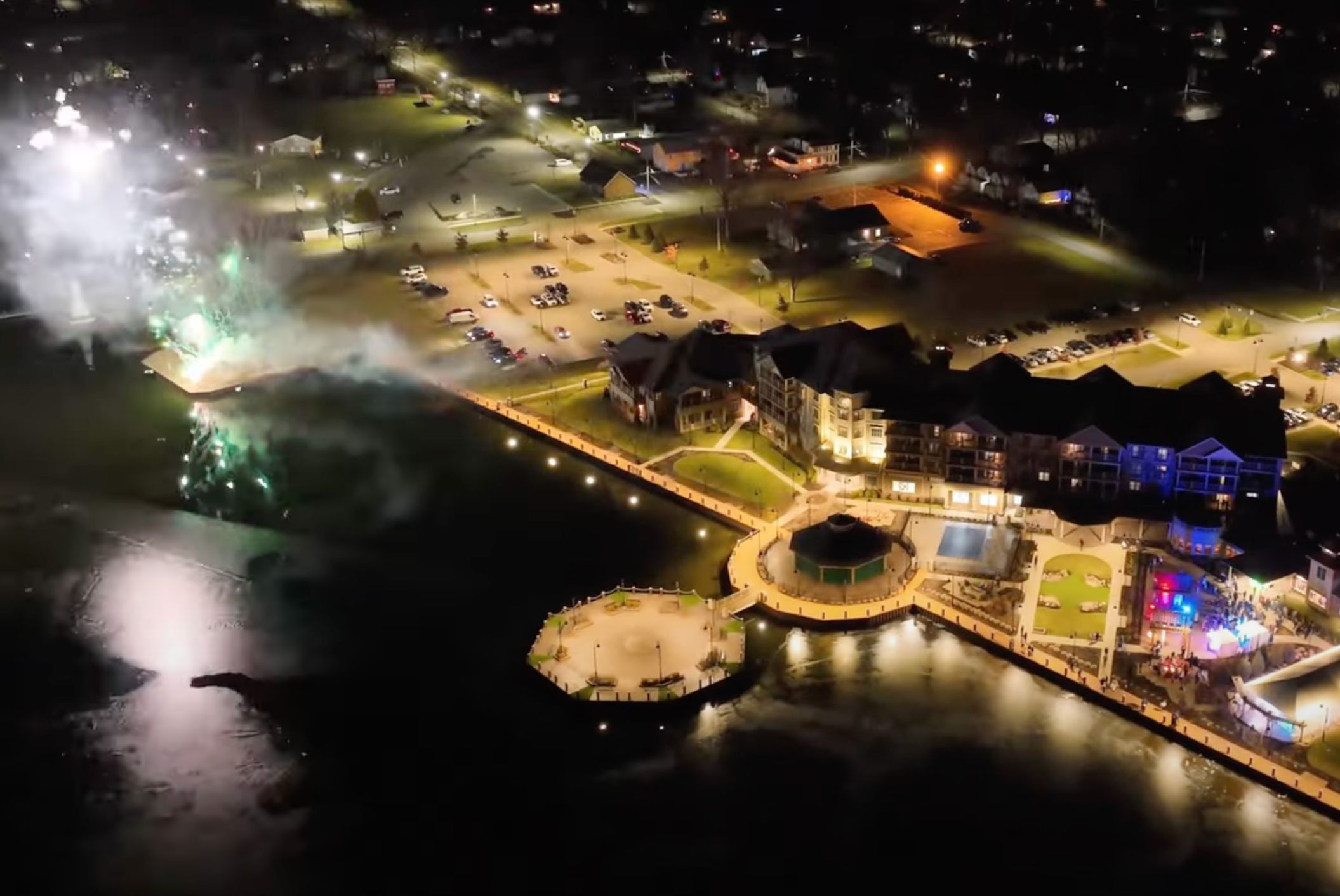 The exterior of the Chautauqua Harbor Hotel during the Fire and Ice celebration, with fireworks